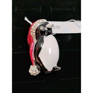 Christmas Penguin Brooch Pin Black Red White Silver 1.50"